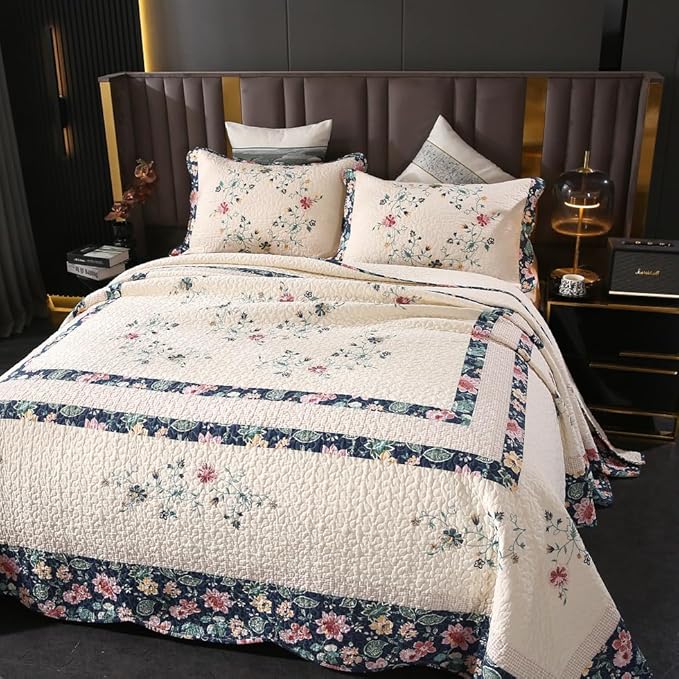 Quilt Set Floral Leaves 3D Embroidery Pattern 2 PCS Cotton Reversible Quilted Embroidered Decorative Bedspreads Coverlet Set, Lightweight &Soft Queen Size Beige Bedding Coverlet for All Season