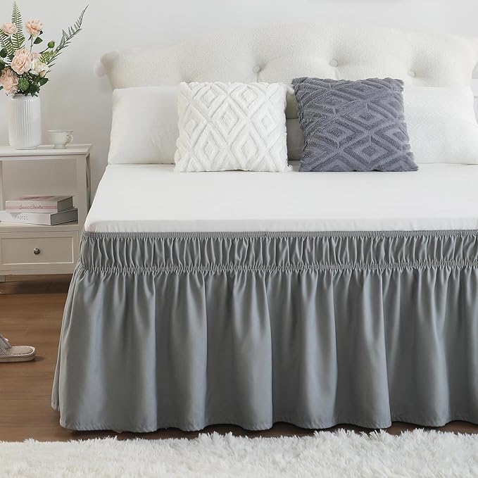 RIMELA Gray King Size Bed Skirt 18 Inch Drop, Elastic Bed Skirts Cal King Dust Ruffle, Light Grey Bedskirt for Adjustable Bed Base Solid Fade Resistant Silky Fabric Machine Washable Easy to Install