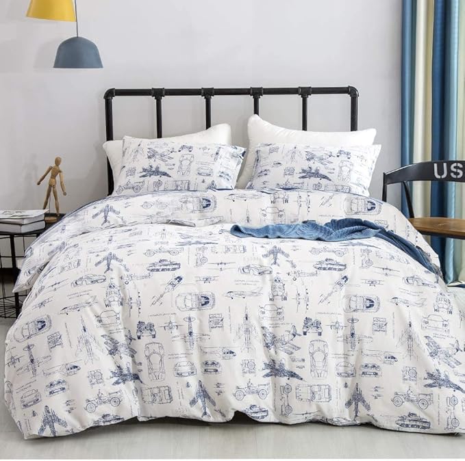 KAREVER Aircraft Comforter Set Queen Boys White Cartoon Bedding Set Alternative Comforters Airplane Car Tank Printed Bedding Blanket Full for Children Teen Boy with Microfiber Inner Insert