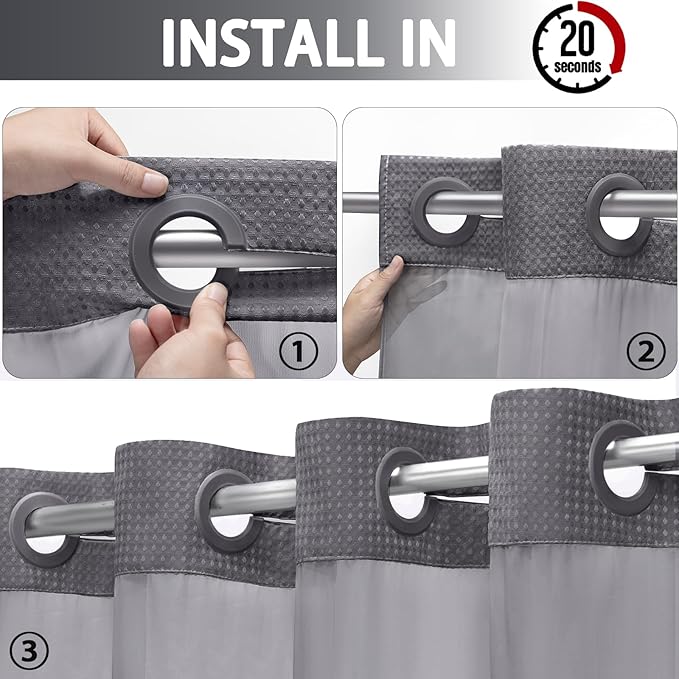 YellyHommy No Hook Shower Curtain with Snap in Liner Set Less Waffle Shower Curtain for Bathroom (Dark Grey, 81" L x 72" W)