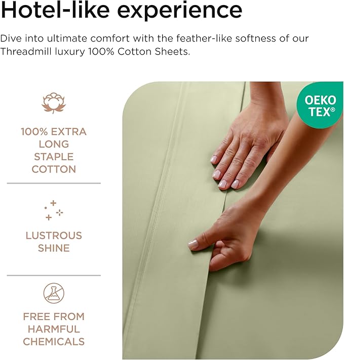Threadmill 100% Cotton Sheets for Twin Size Bed - 600 Thread Count Twin Bed Sheets Set with 15” Deep Pocket - Sateen Weave 3-Piece Bedding Set with Cooling Effect, Sage Green