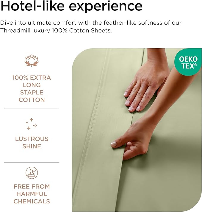Threadmill Luxury 800 Thread Count Full Size 100% Cotton Sheets - Sage Green Sateen Weave Bed-Sheets, Better Than Egyptian Cotton, 4 Pc Solid Bed Set, Fits 16" Deep Pocket
