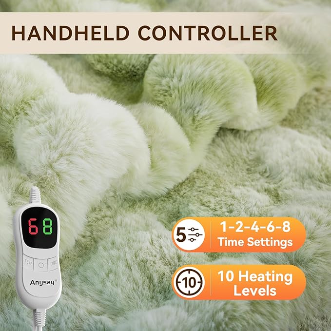 Heated Blanket Throw with 1/2/4/6/8 Hours Auto-Off 10 Heat Level, 50'' * 60'' Cozy Faux Rabbit Fur Bubble Electric Blanket with Overheat Protection(Tie-Dye Green)