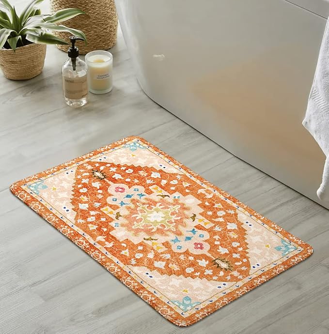 Uphome Boho Tribal Bathroom Rugs Orange Cute Floral Bath Mat Non-Slip Machine Washable Small Rug Soft Oriental Bath Mats for Bathroom Decor for Sink Shower Doormat Tub, 18x25 inch