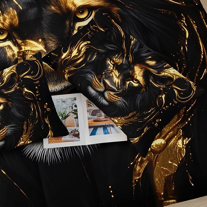 Black & Gold Full Comforter Set Lion，Animal Print Full Size Bedding，with 1 Comforter with 2 Pillow Case，Lion Themed Bedroom Decor for Boy Kids