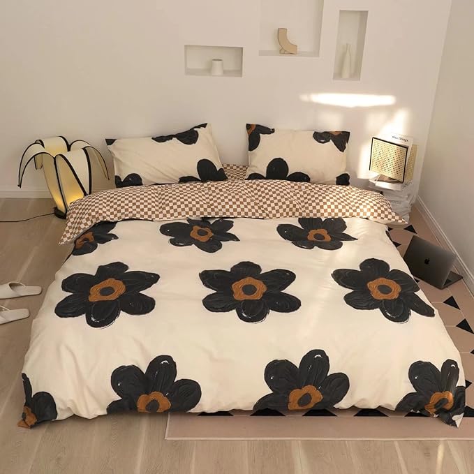 KAREVER Black Floral Comforter Set Black Botanical Bedding Queen Women Chic Blankets Lightweight Black Sunflower Reversible Bed Comforter Set Queen Size