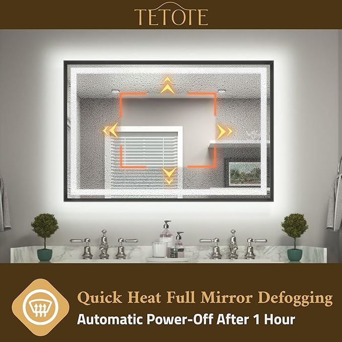 TETOTE 48 x 32 Bathroom LED Mirror Brushed Black Metal Frame Frontlit & Backlit Vanity Stepless Dimmable Anti-Fog 3 Colors White/Warm/Natural Light up Vanity Mirror Wall-Mounted