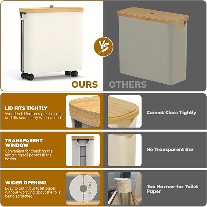 Toilet Paper Storage with Wheel Bamboo Toilet Paper Holder with Lid and Handle Toilet Papers Organizer for Bathroom Free Standing 30L Papers Basket for 9-12 Rolls Bathroom Accessories, Beige