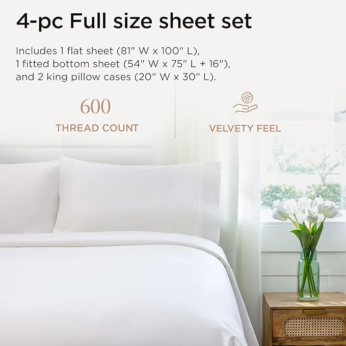 Threadmill 100% Cotton Sheets for Full Size Bed - 600 Thread Count Full Bed Sheets Set with 16” Deep Pocket - Sateen Weave 4-Piece Bedding Set with Cooling Effect, White