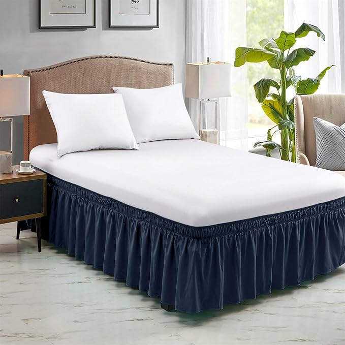 FreshCulture Twin Bed Skirt, Elastic Wrap Around Bed Skirt Twin Size, Bed Skirts for Adjustable Bed, Easy Fit with 18 Inch Drop Length, Hotel Quality Dust Ruffle for Twin Bed (Navy Blue)