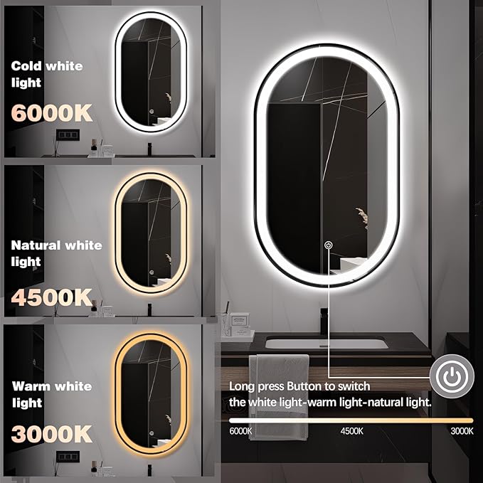 Oval LED Bathroom Mirror, 40"x24" Lighted Wall Mounted Vanity Mirror with Metal Frame, Anti-Fog IP66 Waterproof Smart Mirror, Memory Function, (Horizontal or Vertical), Black
