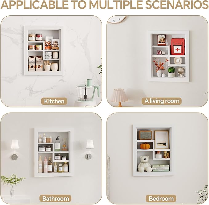 Solid Wood 14 X 18 Recessed Medicine Cabinet,2-Tier, Medicine Cabinet Organizer,Wall Niche, Bathroom Wall Cabinet, Recessed Bathroom Cabinet, Bathroom Cabinet with Storage White