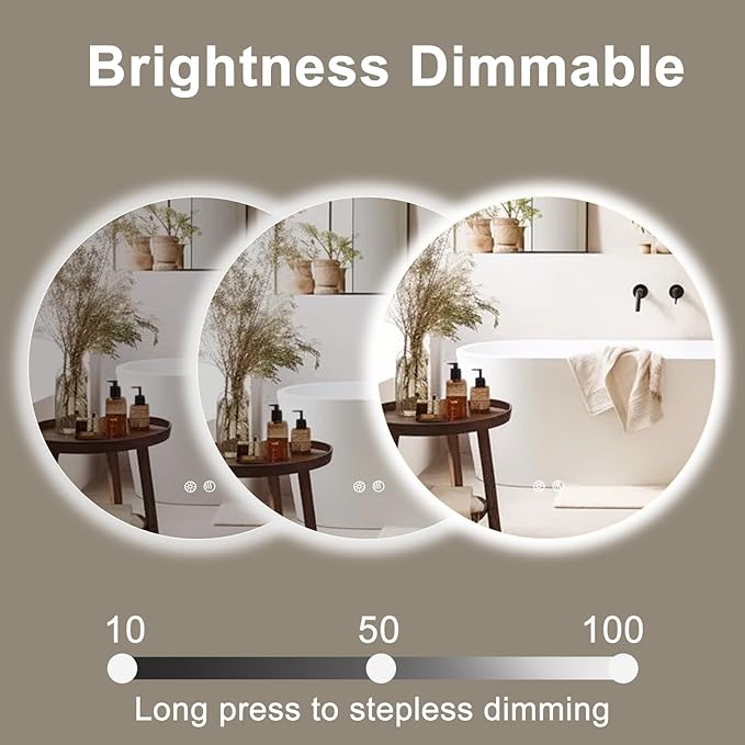 32 Inch Round LED Bathroom Mirror Backlit Anti-Fog Wall Mounted Lighted Bathroom Vanity Mirror 3 Colors Light Dimmable Smart Makeup Mirror with Touch Switch