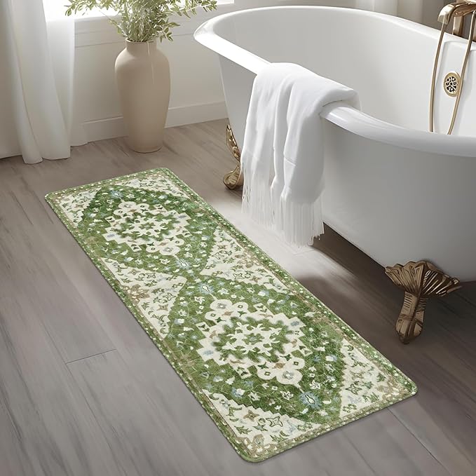Uphome Boho Retro Bathroom Runner Sage Green Non-Slip Soft Long Bathroom Rugs Runner Oriental Tribal Machine Washable Bath Mat Farmhouse Cute Floral Bath Rug for Sink Tub Kids Room, 18x47 inch