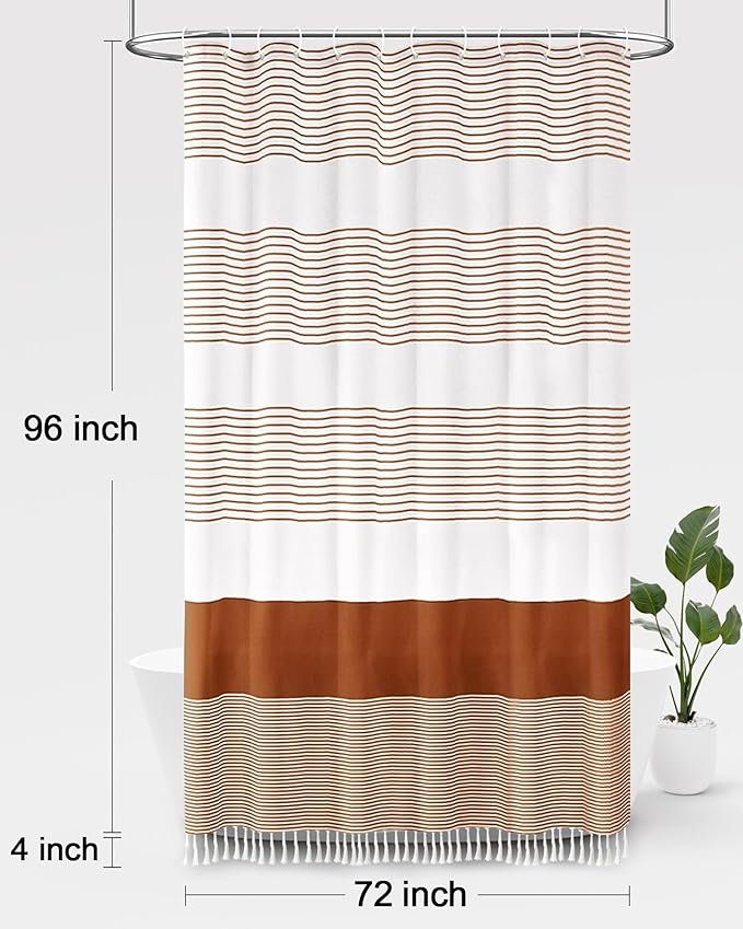 Awellife Boho Orange Shower Curtain for Bathroom Farmhouse Cotton Stripe Tassel Shower Curtain Natural Texture 96" L x 72" W