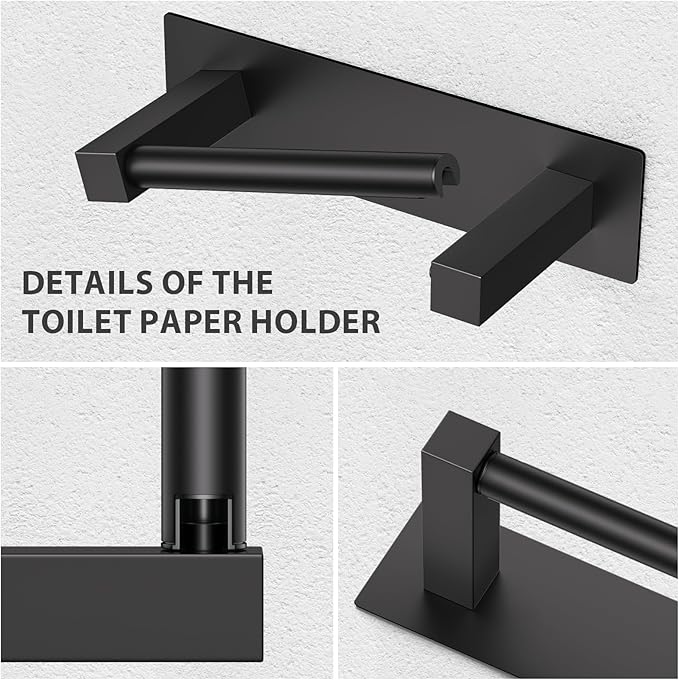 Black Self Adhesive Toilet Paper Holder, Stainless Steel Bathroom Toilet Paper Holder Stick On Wall Mount, Commercial Toilet Paper Dispenser Peel and Stick Toilet Paper Holder Adhesive