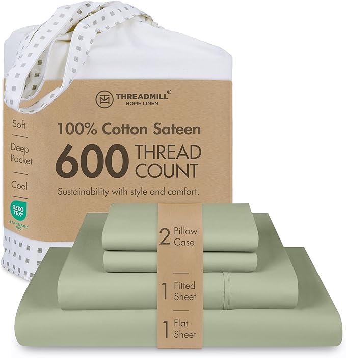 Threadmill 100% Cotton Sheets for Queen Size Bed - 600 Thread Count Queen Bed Sheets Set with 16” Deep Pocket - Sateen Weave 4-Piece Bedding Set with Cooling Effect, Sage Green