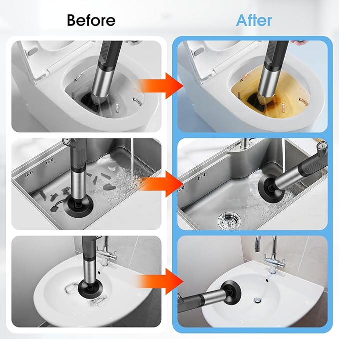 TheElves Toilet Plunger Heavy Duty Pro, Electric High Pressure Toilet Clog Remover Tool, Powerful Bathroom Plunger with Holder for Drain Cleaning - Black