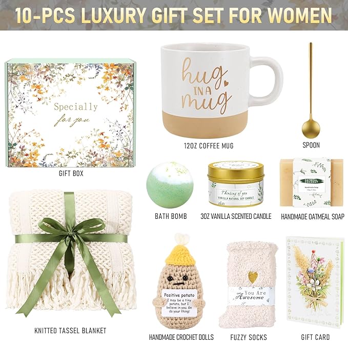 Self Care Gifts for Women Spa Gift Basket Birthday Gifts for Women, Get Well Soon Gift Baskets Thinking of You Relaxation Stress Relief Care Package, Christmas Gifts for Mom Friend Sister(Ivory)