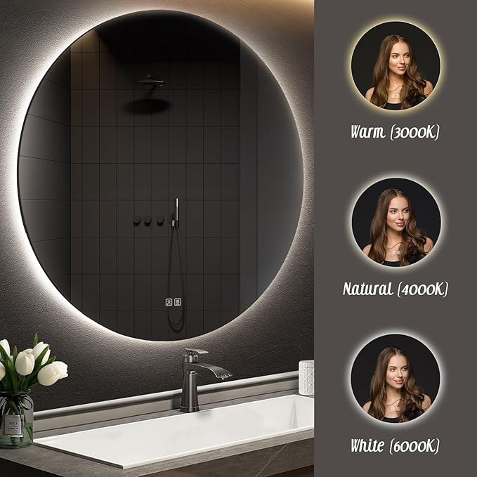 APRILSOUL 48 Inch Round LED Backlit Bathroom Mirror, Vanity Mirror with Anti-Fog, Touch Button, 3 Colors and Dimmable Light