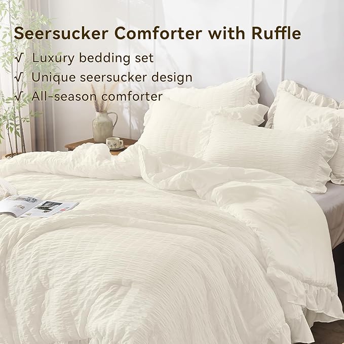 JOLLYVOGUE Ivory King Comforter Set, 3 Pieces Seersucker Comforters King Size, Lightweight & Fluffy Bedding Sets King for All Season with 1 Ruffle Comforter and 2 Ruffle Pillowshams
