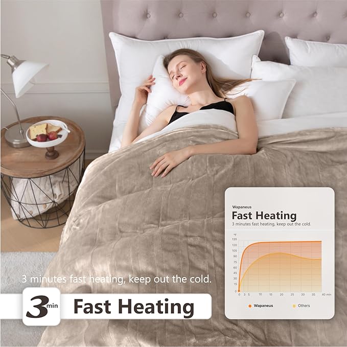 Wapaneus Heated Blanket Electric King Size 90"x100"-Dual Control with 10 Heat Levels 12 Timer Settings and 8 Hours Auto-Shut Off,Fast-Heating Electric Blanket,ETL Listed Machine Washable,Mushroom