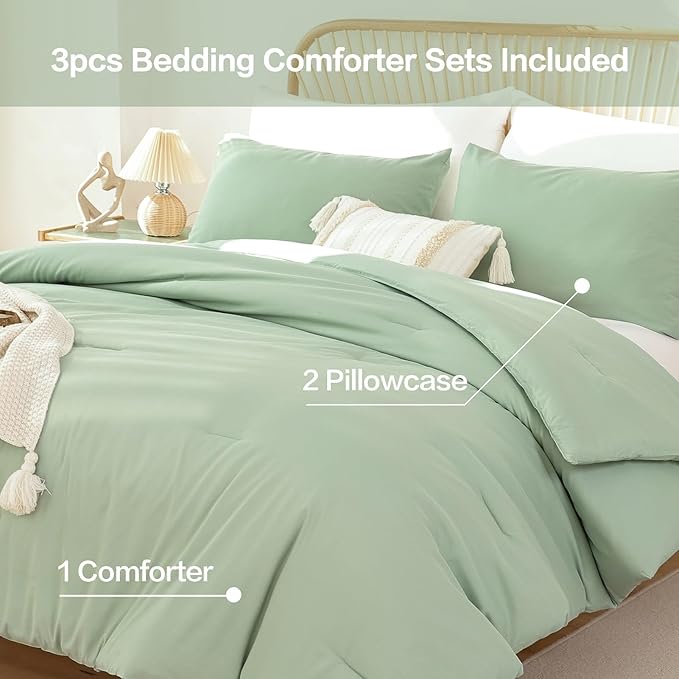 ROSGONIA Oversized King Comforter 128x120, 3pcs Super King Plus (1 Sage Green Comforter & 2 Pillowcases) Lightweight Oversized Bedding Set Quilt