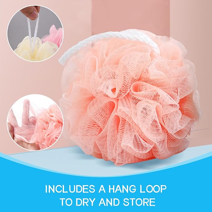 Loofah Sponge Shower Loofahs Bath Sponges Mesh Balls for Women Men Bathing Accessories Body Wash Back Scrubber 50g Soft Pouf Body Scrubber Loofahs Puff Pack, Exfoliate, Cleanse, Soothe Skin (6 Colors)
