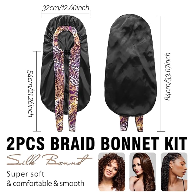 2Pcs Bonnets for Black Women Braid Bonnet, Large Long Satin Silk Bonnet for Braids,Black Women Braid Bonnet with Stretchy Tie Band for Sleeping Extra Long (Pink &Black Dark Pattern
