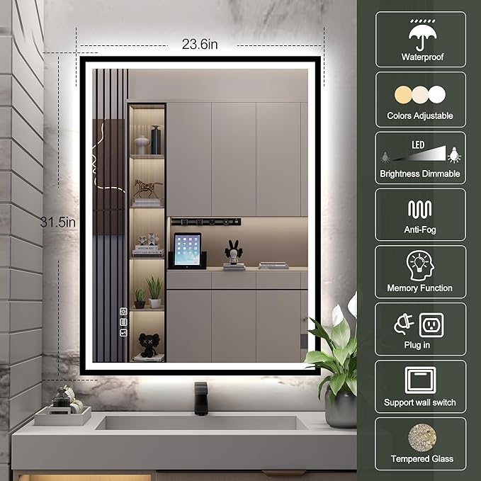 S·BAGNO 32''x24'' LED Bathroom Mirror with Lights, Bathroom Vanity Wall Mirror with Buletooth, Anti-Fog, Stepless Dimmable, 3 Colors, Tempered Glass Lighted Vanity Mirror for Bathroom
