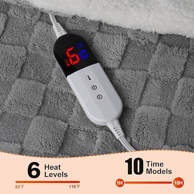 Electric Blanket, Heated Blanket with 6 Heat Levels & 10 Hours Auto Off, Soft Checked Flannel Fast Heating Blanket with ETL & FCC Certification (Gray, 72"X84")