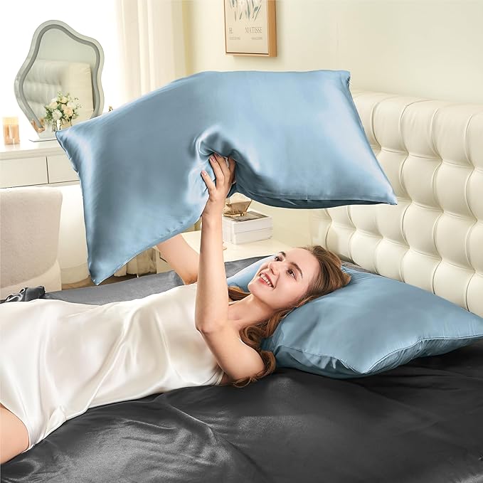 INFIIXSO Mulberry Silk Pillowcase for Hair and Skin, Silk Pillow Cases Queen Size Set of 2 with Hidden Zipper 20"x30", Ultra Smooth and Soft Cooling Pillow Cases for Hot Sleepers(Airy Blue, 2 Pack)