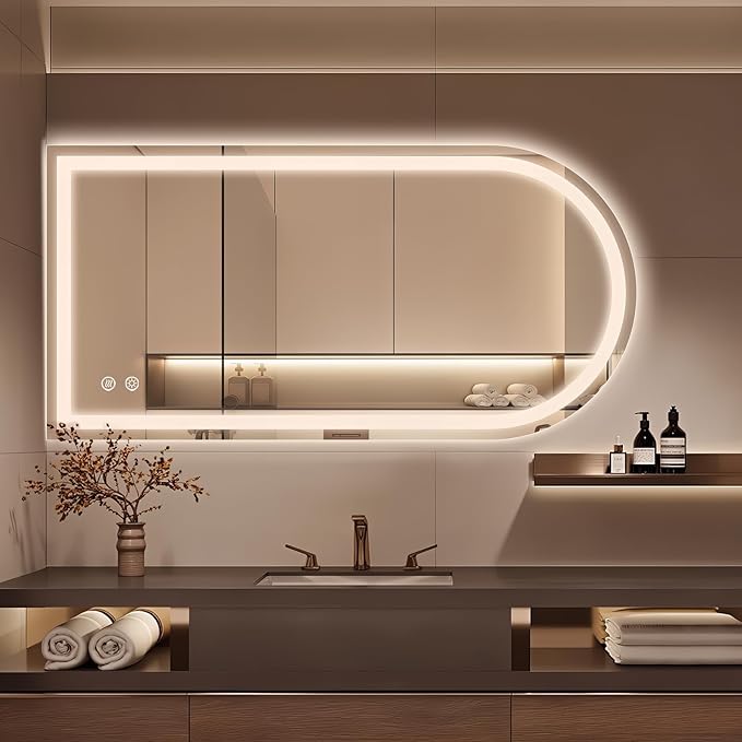 Niccy Arched LED Mirror for Bathroom, 55x30 Vanity Mirror with Light Frameless Bathroom Mirror, Smart Lighted Frontlit Mirrors with Memory Function for Bathroom Bedroom Beauty Hair Salon