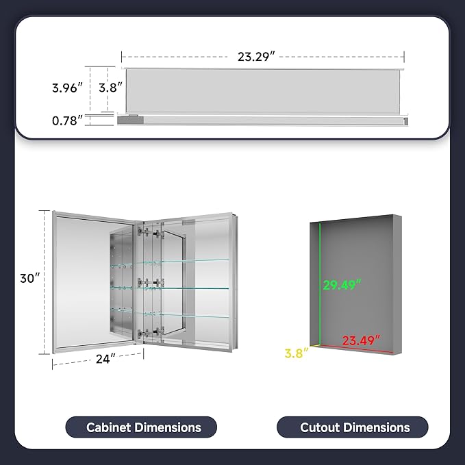 Medicine Cabinet 24" x 30", Bathroom Medicine Cabinet with Mirror, Recessed Medicine Cabinets with Adjustable Shelves, Soft-Closing Door, and Aluminum Alloy Frame - Reverse Installation, Silver