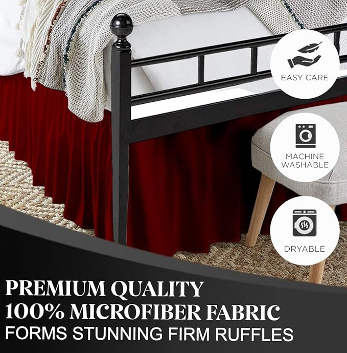 Ruffled Bed Skirt with Split Corners, Burgundy, Queen 18 Inch Drop Bedskirt, Hotel Quality Brushed Microfiber Wrinkle Free Dust Ruffle Bed Skirt Queen Size