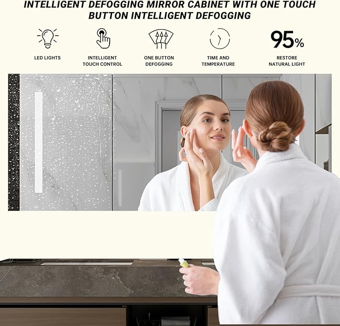 92IN Double Sink Bathroom Vanity, Floating Modern Bathroom Vanity Include Smart Defog Mirror Cabinet with LED Light, Solid Wood Vanities with Integrated Sink and Drawers Storage