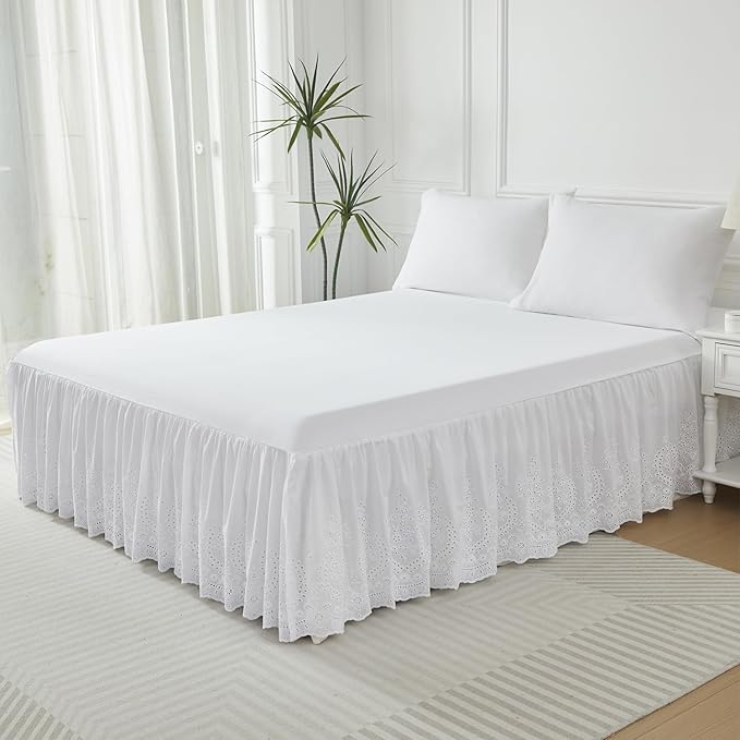 Brandream White Eyelet Bed Skirt King Size 100% Cotton Ruffled Dust Ruffle Bed Skirt 18 Inch Drop with Embroidered Floral Design Queen Size Beds