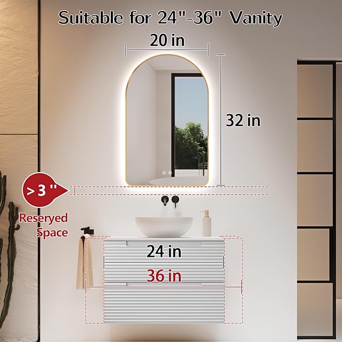 Niccy Arched LED Lighted Bathroom Mirror, 32x20 Inch Backlit Vanity Mirror with Lights Brushed Gold Framed Wall Mounted Mirrors with Dimmable 3 Color Shatterproof Arch Smart Fog Free Mirror