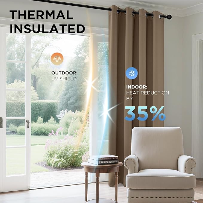 Joydeco Blackout Curtains 45 Inch Length 2 Panels Set, Thermal Insulated Long Curtains& Drapes 2 Burg, Room Darkening Grommet Drapes for Living Room Bedroom Window (W52 x L45 Inch, Khaki)