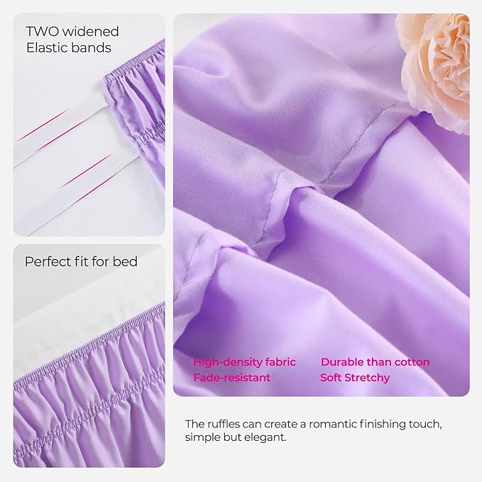 RIMELA Lilac Bed Skirt Full Size 15 Inch Drop, Elastic Bed Skirting for Bed Base and Frame, Bedding Dust Ruffle Easy to Install, Lightweight Wrap Around Adjustable Bedskirt