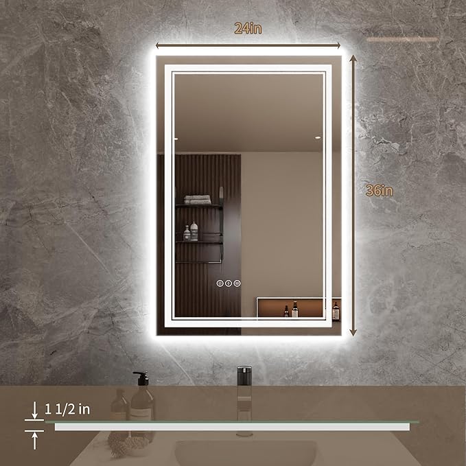 Bathroom Mirror with Lights 24"X36" with Front Light and Backlit, Tempered Glass, Wall Mount Horizontal/Vertical, Stepless Dimmable, 3 Colors, Anti Fog, Bathroom Memory LED Mirror