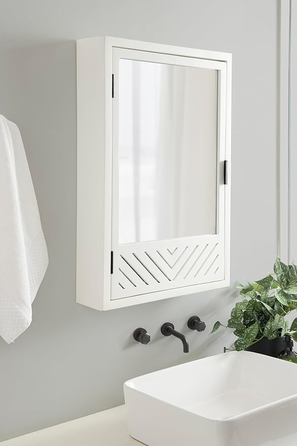 Kate and Laurel Mezzeta Decorative Modern Rectangle Bathroom Cabinet with Mirror, 20 x 5 x 30, White, Wooden Bathroom Mirror with Storage for Bath Medicine Cabinet or Over-The-Toilet Storage Option