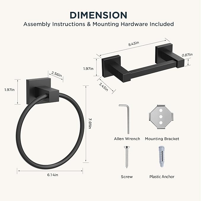 FORIOUS Toilet Paper Holder Wall Mount and Hand Towel Ring Set, SUS 304 Stainless Steel Double Post Pivoting Tissue Roll Holder, Modern Bathroom Hardware Accessories Set, Matte Black