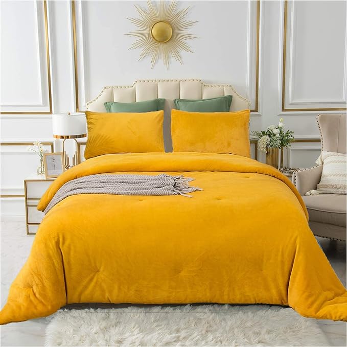 Cottonight Yellow Velvet Comforter Set Full Women Men Mustard Yellow Flannel Plush Fluffy Bedding Comforter Set Full Warm Heavyweight Winter Shearp Micromink Quilts Comforter Soft Comfy