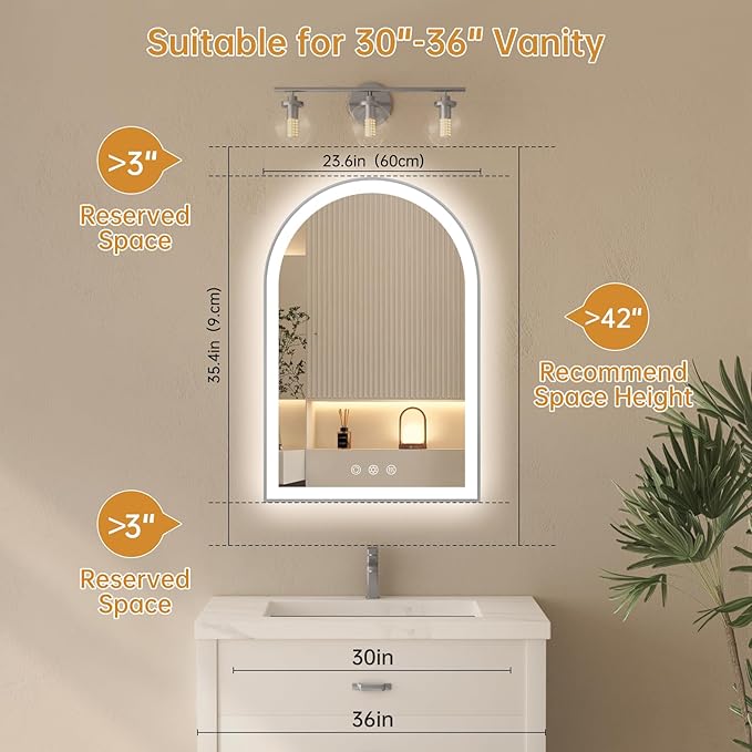 Arched LED Mirror for Bathtoom 24"x36", Brushed Nickel LED Bathroom Mirror with Lights-Fogless, Dimmable, Shatterproof, Touch Sensor, 3 Color Changing