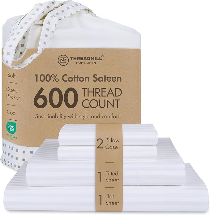 Threadmill 100% Cotton Sheets for King Size Bed - 600 Thread Count King Bed Sheets Set with 16” Deep Pocket - Damask Stripe Sateen Weave 4-Piece Bedding Set with Cooling Effect, White