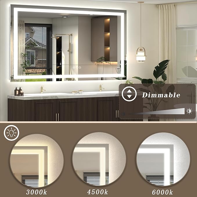 66x40 inch Large LED Mirror for Bathroom, Lighted Vanity Mirror for Wall, Dimmable, Anti-Fog, Shatter-Proof, ETL Listed (Front Lights + Backlit)