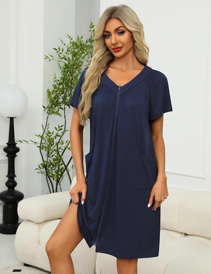 Ekouaer Women Robe Zipper Front Mumu Duster Robes Zip Up Housecoat Soft Sleepwear with Pockets S-3XL