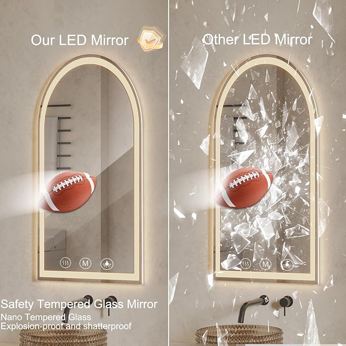 LED Bathroom Mirrors with Lights 24"x48" Arched Mirror for Wall,Led Vanity Mirror, Anti-Fog,LED Mirrors with Front Light and Backlit, Anti-Fog, Dimmable, 3 Color, Shatterproof, Touch Sensor