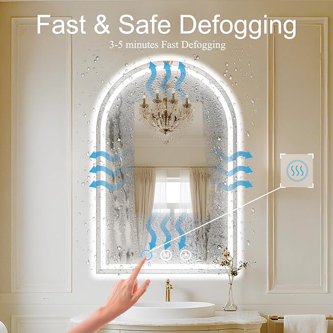 LED Bathroom Mirrors with Lights 30"x48" Arched Mirror for Wall,Led Vanity Mirror, Anti-Fog,LED Mirrors with Front Light and Backlit, Anti-Fog, Dimmable, 3 Color, Shatterproof, Touch Sensor